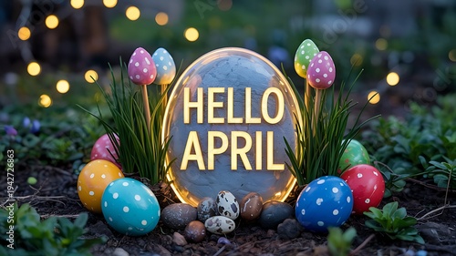 Hello April glowing egg centerpiece with colorful Easter eggs and soft bokeh lights in grassy outdoor spring setting