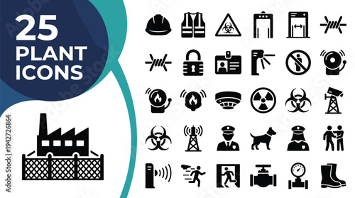 Collection of 25 industrial and safety icons for plant operations.