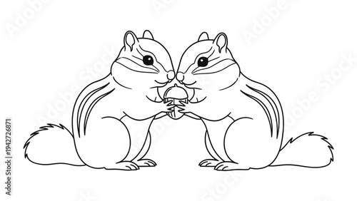 Chipmunks Sharing a Nut: Two adorable chipmunks share a nut, a heartwarming illustration celebrating the beauty of cooperation and companionship, conveyed through minimalist linework.