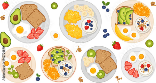 Healthy Breakfast Plate Collection with Avocado Toast, Scrambled Eggs, Fresh Fruits, Yogurt, Granola, and Whole Grain Bread Vector Illustration Set