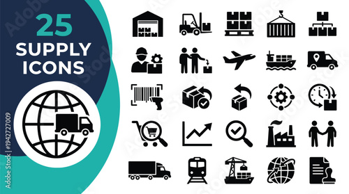 A collection of 25 supply chain and logistics icons are presented on a white background.