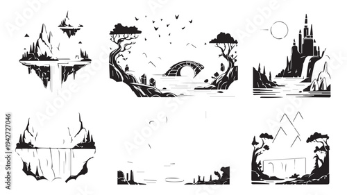 Collection of silhouette landscapes, including mountains, castles, and floating islands