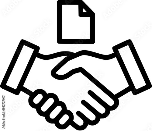 A handshake with a document icon above representing a business agreement or contract