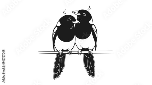 Magpies' Serenade: An illustration of two magpies perched closely together on a branch, their elegant forms and intimate connection evokes a sense of serenity. 