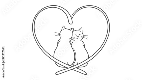 Cat Couple Heart Line Art: minimalist line art of two cats nestled within a heart shape, symbolizing love and companionship.