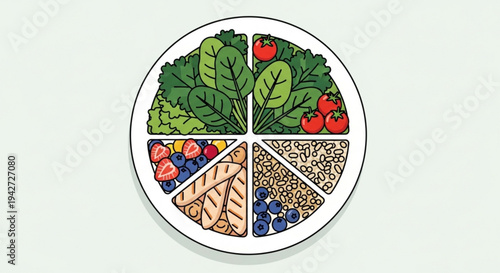 Balanced diet plate with vegetables fruits whole grains and nuts for healthy eating and nutrition