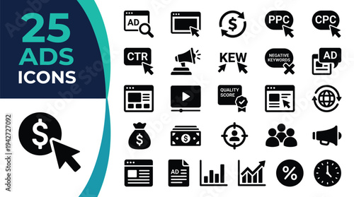 Collection of 25 advertising and marketing icons representing digital marketing concepts.