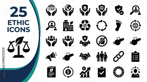 A collection of 25 ethical icons representing business and corporate social responsibility.