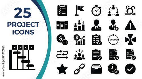 A collection of 25 project management icons is displayed on a white background.