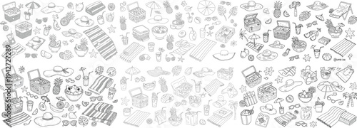 A vibrant collection of summer picnic essentials, including food, drinks, and beach accessories in a fun doodle style.