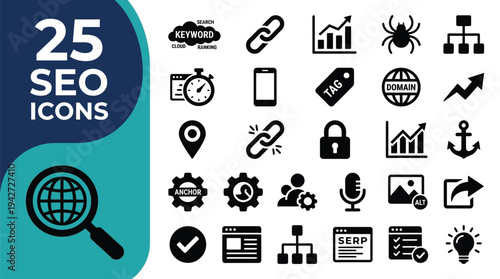 A collection of 25 SEO icons representing various aspects of search engine optimization.