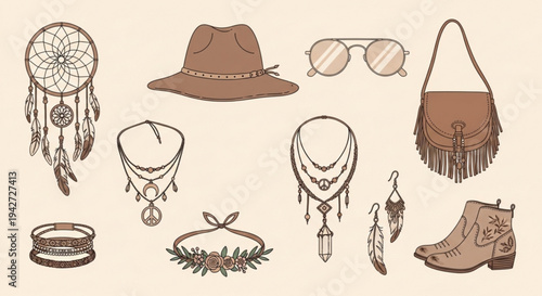Boho chic accessories collection with dreamcatcher hat sunglasses handbag jewelry and boots