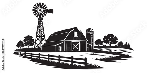 Country Windmill Farm Scene Silhouette, Silhouette Vector, Isolated on White Background