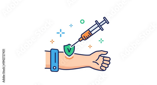 Person receiving a medical injection with a green shield symbol on their arm representing health and protection