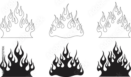 A set of six flame graphics in varying line and fill styles