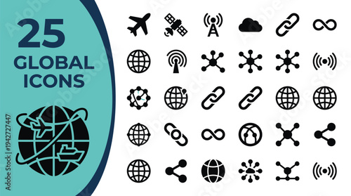 A collection of 25 global icons representing connectivity and technology concepts.