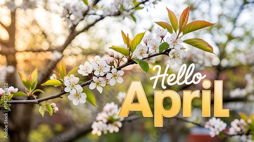 Hello April text on blooming cherry blossom branch isolated on transparent background