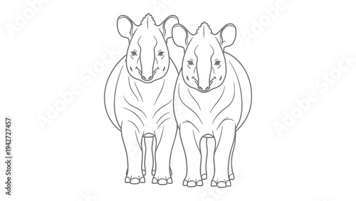 Tapir Duo: A detailed line drawing showcases the striking form of two tapirs, their unique snouts and striped patterns accentuated, perfect for educational or illustrative purposes.