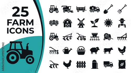 A collection of 25 farm icons representing various agricultural elements.