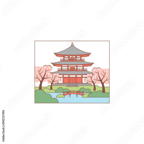 Traditional Japanese Pagoda Architecture with Cherry Blossoms.