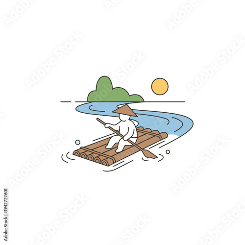 Person paddling a bamboo raft down a river.