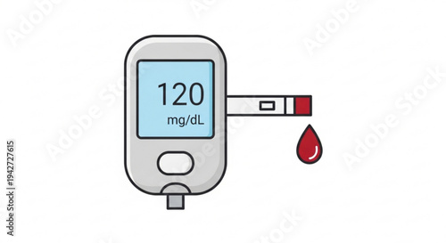 Blood glucose meter with test strip and drop of blood showing 120 mgdl reading on screen for diabetes management
