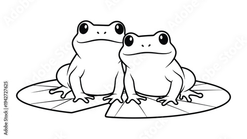 Frog Couple on Lily Pad: a delightful illustration shows two frogs, perched close together on a lily pad, exuding peace and harmony. 
