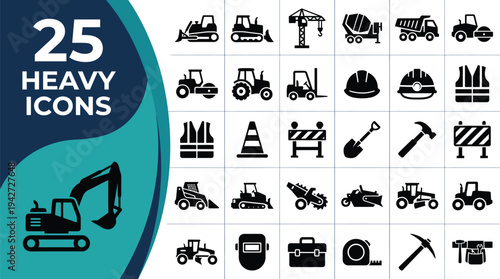 Collection of 25 heavy industry and construction icons.