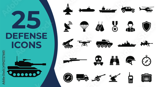 Collection of 25 defense icons representing military equipment and symbols.