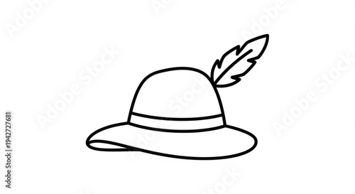 A stylish black and white line drawing of a safari hat with a feather tucked into the band on a plain white background
