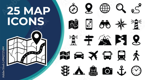 Collection of 25 map and travel icons for navigation and exploration.