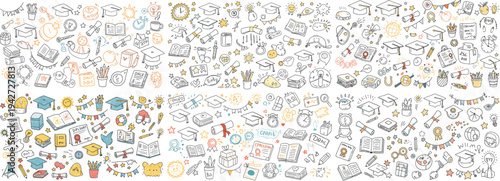 A vibrant illustration featuring diverse graduation-themed icons, celebrating achievement and education.