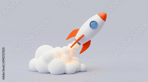 Cuadro en lienzo Stylized 3d rocket ship launching with large white smoke clouds against solid gr