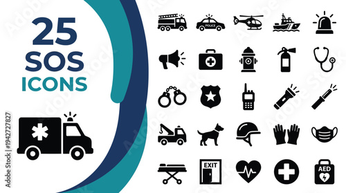 A collection of 25 SOS icons representing emergency services and medical aid.