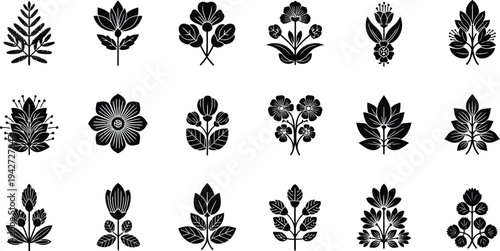 Black and white floral silhouettes on white background flowers leaves