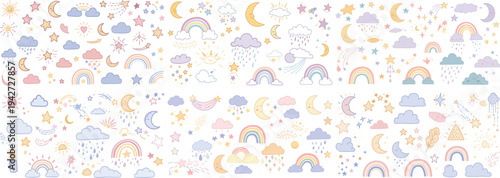 A vibrant, whimsical pattern of clouds, rainbows, stars, and moons in pastel colors, perfect for children's designs.