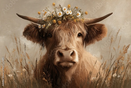 Gentle Animal Portrait: Cow with Flower Garland in Meadow Artwork