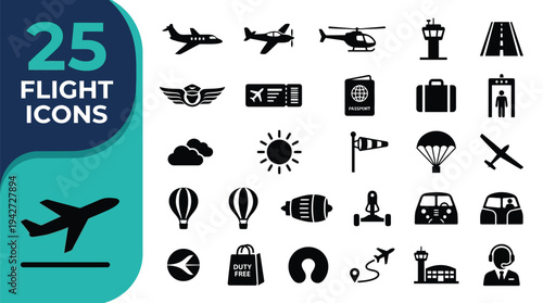 Collection of 25 flight and travel icons representing aviation and airport elements.