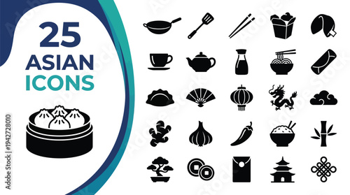 A collection of 25 diverse icons representing Asian culture and cuisine.
