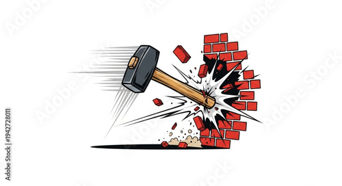 Hammer Breaking Red Brick Wall.
