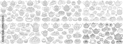 A whimsical collection of beautifully illustrated teapots and sweet treats, perfect for any dessert lover.