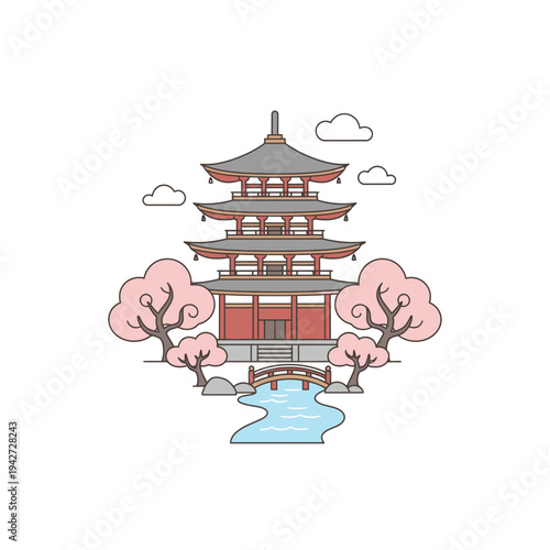Traditional Japanese Pagoda Architecture with Cherry Blossoms.