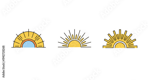 Sun rays Line art vector set minimal abstract color illustration