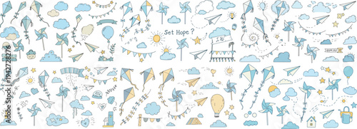 A whimsical collection of hand-drawn kites, clouds, and balloons in soft blue and yellow tones, perfect for children's themes.