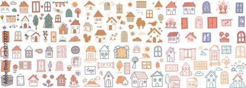 A whimsical collection of hand-drawn house illustrations featuring various styles and colors.