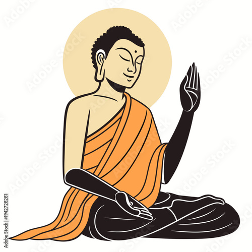 A serene Buddha figure seated in meditation, wearing an orange robe with a radiant halo behind the head. The right hand is raised in a gesture of blessing or teaching, while the left rests calmly.