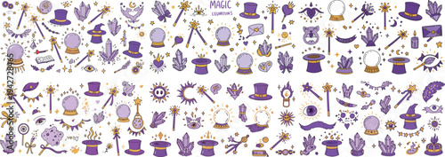 A whimsical collection of magic-themed illustrations featuring crystals, wands, and top hats in vibrant purple hues.