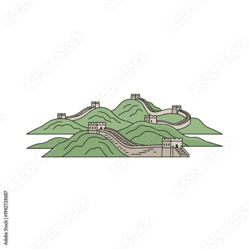 Great Wall of China illustration on rolling green hills.