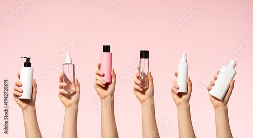 Hands holding up an assortment of skincare and beauty product bottles against a pink background