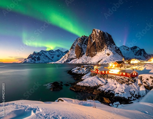 A scenic night view with vibrant aurora borealis over snowy mountains and a village on the coast reflecting in the water